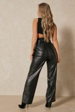 Leather Look V Dip Front Belted Trousers -Ladies Clothing Shop black leather look v dip front belted trousers 3