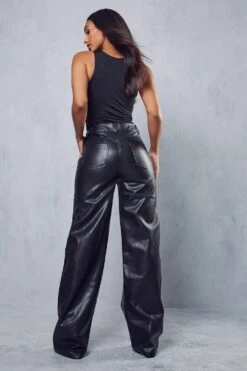 Leather Look Wide Leg Trouser -Ladies Clothing Shop black leather look wide leg trouser 1 2