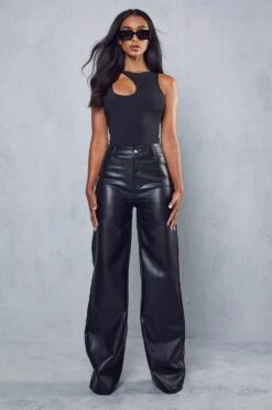 Leather Look Wide Leg Trouser -Ladies Clothing Shop black leather look wide leg trouser 1 3