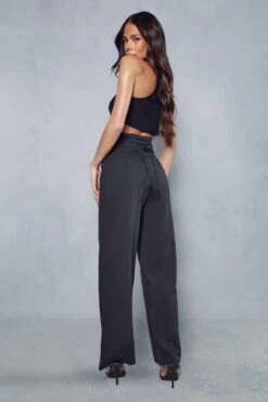 Luxe Twill Wrap Waist Wide Leg Trouser -Ladies Clothing Shop black luxe twill wrap waist wide leg trouser 2