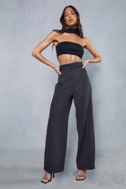 Luxe Twill Wrap Waist Wide Leg Trouser -Ladies Clothing Shop black luxe twill wrap waist wide leg trouser 3