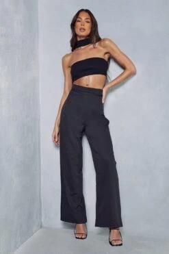Luxe Twill Wrap Waist Wide Leg Trouser -Ladies Clothing Shop black luxe twill wrap waist wide leg trouser 4