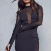 Mesh Insert Long Sleeve Thumbhole Mini Dress -Ladies Clothing Shop black mesh insert long sleeve thumbhole mini dress