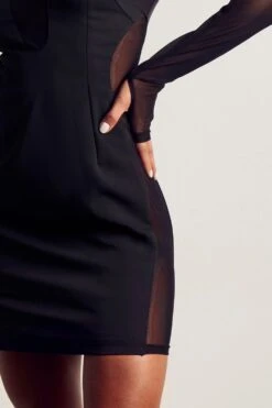 Mesh Insert Long Sleeve Thumbhole Mini Dress -Ladies Clothing Shop black mesh insert long sleeve thumbhole mini dress 5