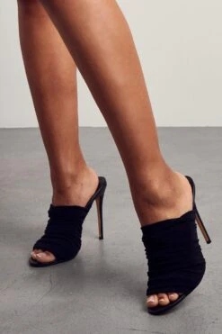 Mesh Ruched Heeled Mules -Ladies Clothing Shop black mesh ruched heeled mules 2