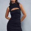 Mesh Ruched High Neck Cut Out Detail Mini Dress -Ladies Clothing Shop black mesh ruched high neck cut out detail mini dress