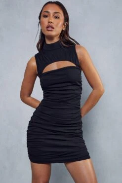 Mesh Ruched High Neck Cut Out Detail Mini Dress