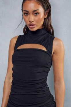 Mesh Ruched High Neck Cut Out Detail Mini Dress -Ladies Clothing Shop black mesh ruched high neck cut out detail mini dress 5