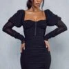 Mesh Ruched Puff Sleeve Mini Dress -Ladies Clothing Shop black mesh ruched puff sleeve mini dress