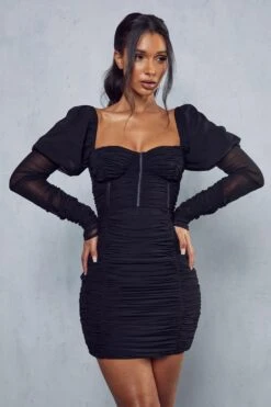 Mesh Ruched Puff Sleeve Mini Dress