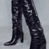 Metallic Ruched Croc Knee High Boot -Ladies Clothing Shop black metallic ruched croc knee high boot