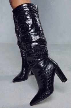 Metallic Ruched Croc Knee High Boot -Ladies Clothing Shop black metallic ruched croc knee high boot 2
