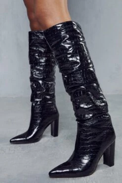Metallic Ruched Croc Knee High Boot