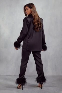 Milan Premium Satin Feather Trim Trousers -Ladies Clothing Shop black milan premium satin feather trim trousers 2