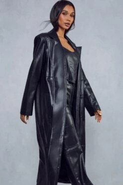 Miss Joslin Leather Look Longline Coat -Ladies Clothing Shop black miss joslin leather look longline coat 2