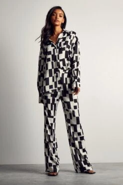 Monochrome Abstract Satin Print Trousers -Ladies Clothing Shop black monochrome abstract satin print trousers 3