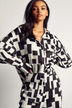 Monochrome Abstract Satin Print Trousers -Ladies Clothing Shop black monochrome abstract satin print trousers 4