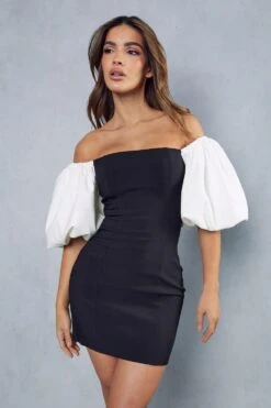 Monochrome Puff Sleeve Mini Dress -Ladies Clothing Shop black monochrome puff sleeve mini dress 4