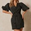 Polka Dot Extreme Puff Sleeve Wrap Dress -Ladies Clothing Shop black polka dot extreme puff sleeve wrap dress