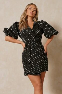 Polka Dot Extreme Puff Sleeve Wrap Dress