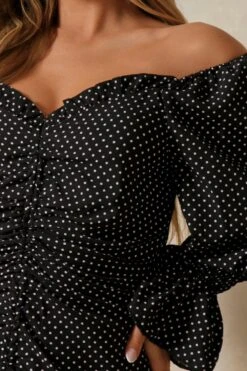 Polka Dot Off The Shoulder Ruched Dress -Ladies Clothing Shop black polka dot off the shoulder ruched dress 2