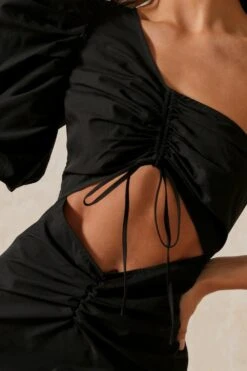 Poplin One Shoulder Puff Sleeve Ruched Dress -Ladies Clothing Shop black poplin one shoulder puff sleeve ruched dress 5