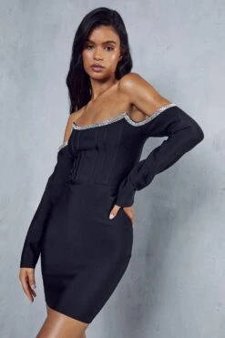 Premium Bandage Diamante Trim Bardot Dress -Ladies Clothing Shop black premium bandage diamante trim bardot dress 4
