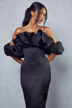 Premium Corset Puff Bardot Midi Dress -Ladies Clothing Shop black premium corset puff bardot midi dress 4