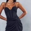 Premium Mesh Corseted Halterneck Drape Dress -Ladies Clothing Shop black premium mesh corseted halterneck drape dress