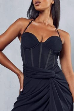 Premium Mesh Corseted Halterneck Drape Dress -Ladies Clothing Shop black premium mesh corseted halterneck drape dress 4