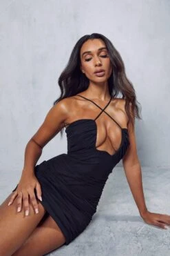 Premium Mesh Cross Strap Curved Mini Dress -Ladies Clothing Shop black premium mesh cross strap curved mini dress 4