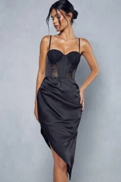 Premium Mesh Insert Corset Satin Wrap Midi Dress -Ladies Clothing Shop black premium mesh insert corset satin wrap midi dress 4