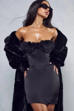 Premium Satin Corset Feather Trim Mini Dress -Ladies Clothing Shop black premium satin corset feather trim mini dress 4