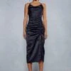 Premium Satin Cowl Neck Ruched Side Midi Dress -Ladies Clothing Shop black premium satin cowl neck ruched side midi dress
