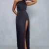 Premium Satin Diamante Drape Back Split Leg Maxi Dress -Ladies Clothing Shop black premium satin diamante drape back split leg maxi dress