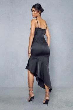 Premium Satin Draped Bust Frill Hem Midi Dress -Ladies Clothing Shop black premium satin draped bust frill hem midi dress 3