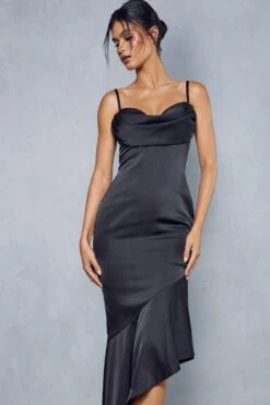 Premium Satin Draped Bust Frill Hem Midi Dress -Ladies Clothing Shop black premium satin draped bust frill hem midi dress 5