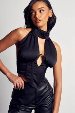 Premium Satin High Neck Corset Top -Ladies Clothing Shop black premium satin high neck corset top 4