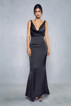 Premium Satin Knot Detail Cowl Neck Maxi Dress