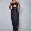 Premium Satin Knot Front Bandeau Maxi Dress -Ladies Clothing Shop black premium satin knot front bandeau maxi dress