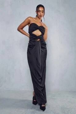 Premium Satin Knot Front Bandeau Maxi Dress -Ladies Clothing Shop black premium satin knot front bandeau maxi dress 3