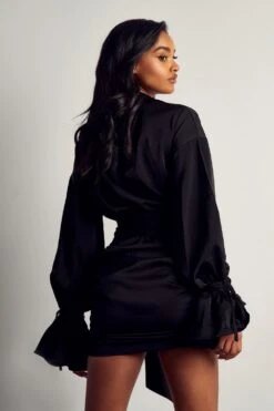 Premium Satin Plunge Front Ruched Mini Dress -Ladies Clothing Shop black premium satin plunge front ruched mini dress 2