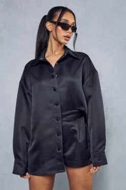 Premium Satin Shirt & Shorts Co-ord 10 Premium Satin Shirt & Shorts Co-ord -Ladies Clothing Shop black premium satin shirt shorts co ord 3