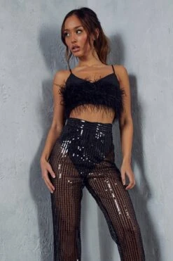 Premium Sequin Flare Leg Trouser -Ladies Clothing Shop black premium sequin flare leg trouser 1 4