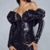 Premium Sequin Ruffle Bardot Mini Dress -Ladies Clothing Shop black premium sequin ruffle bardot mini dress
