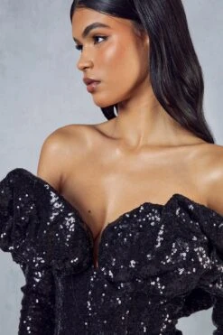 Premium Sequin Ruffle Bardot Mini Dress -Ladies Clothing Shop black premium sequin ruffle bardot mini dress 4