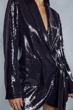 Premium Sequin Wrap Tie Side Dress -Ladies Clothing Shop black premium sequin wrap tie side dress 5