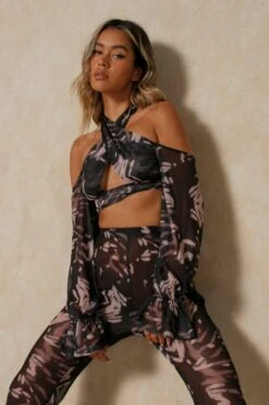 Printed Mesh Flared Trouser -Ladies Clothing Shop black printed mesh flared trouser 1