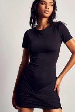 Recycled Bodycon Twist Front Mini Dress -Ladies Clothing Shop black recycled bodycon twist front mini dress 4