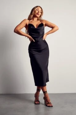 Recycled Satin Cowl Neck Midi Dress -Ladies Clothing Shop black recycled satin cowl neck midi dress 3